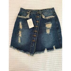 Floral Blooming Classic Distressed Dark Blue Denim Button-Front Skirt